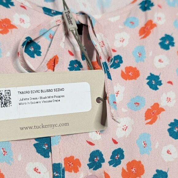 Tucker NYC Juliette Dress Blush Mint Poppies Micro in Viscose Crepe Floral Midi - Picture 6 of 10